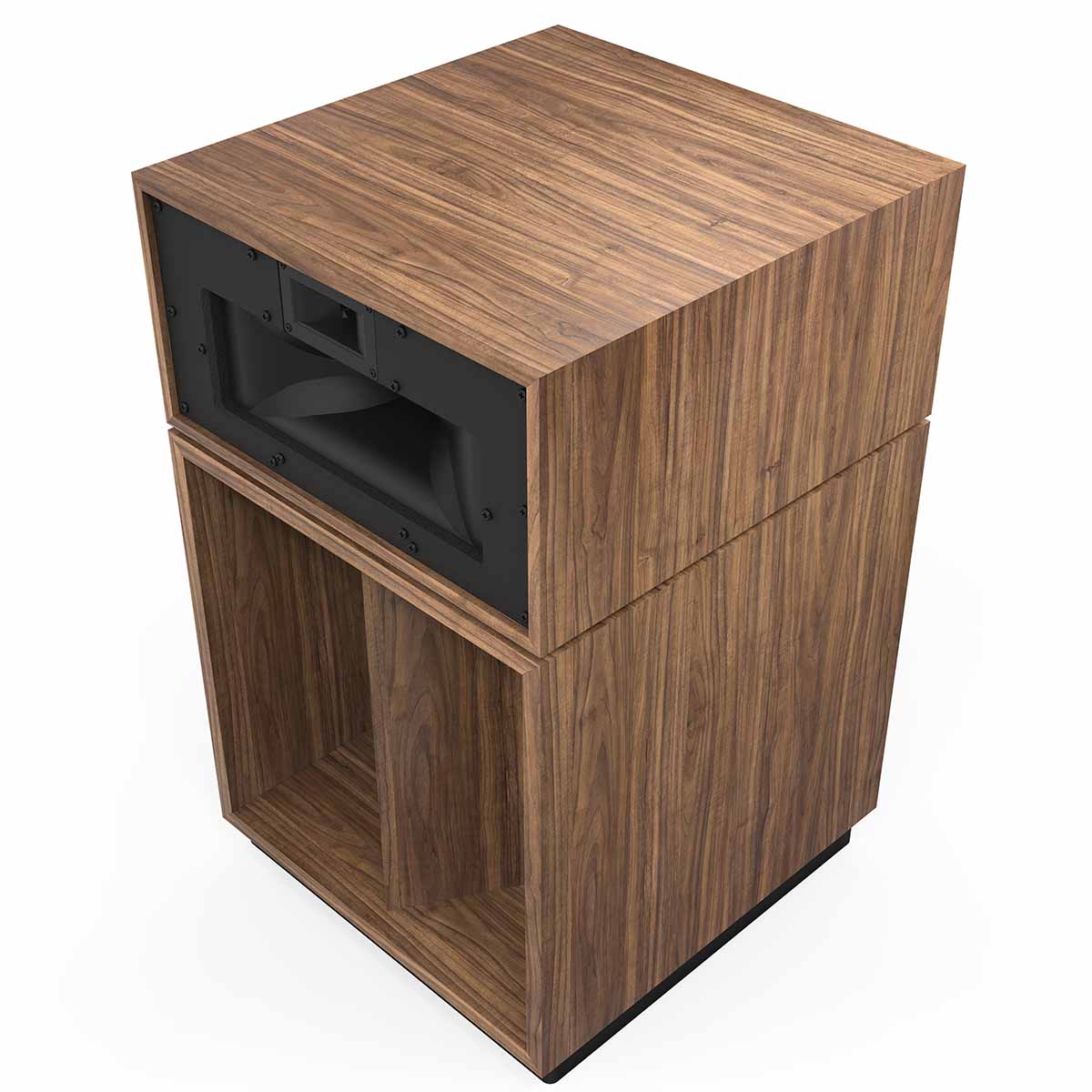 Klipsch La Scala AL6 3-Way Fully Horn-Loaded Loudspeaker - American Walnut - front top and side view without grille angled left