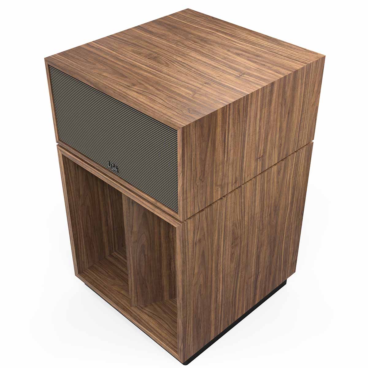 Klipsch La Scala AL6 3-Way Fully Horn-Loaded Loudspeaker - American Walnut - front top and side view with grille angled left
