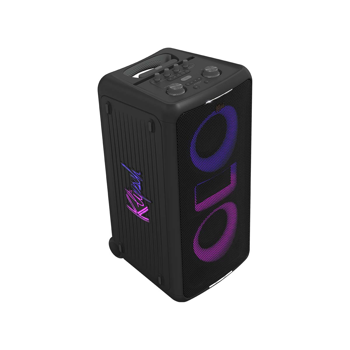 Klipsch Miami Music City Series Premium Party Speaker front top and side view angled right with pink and purple lights