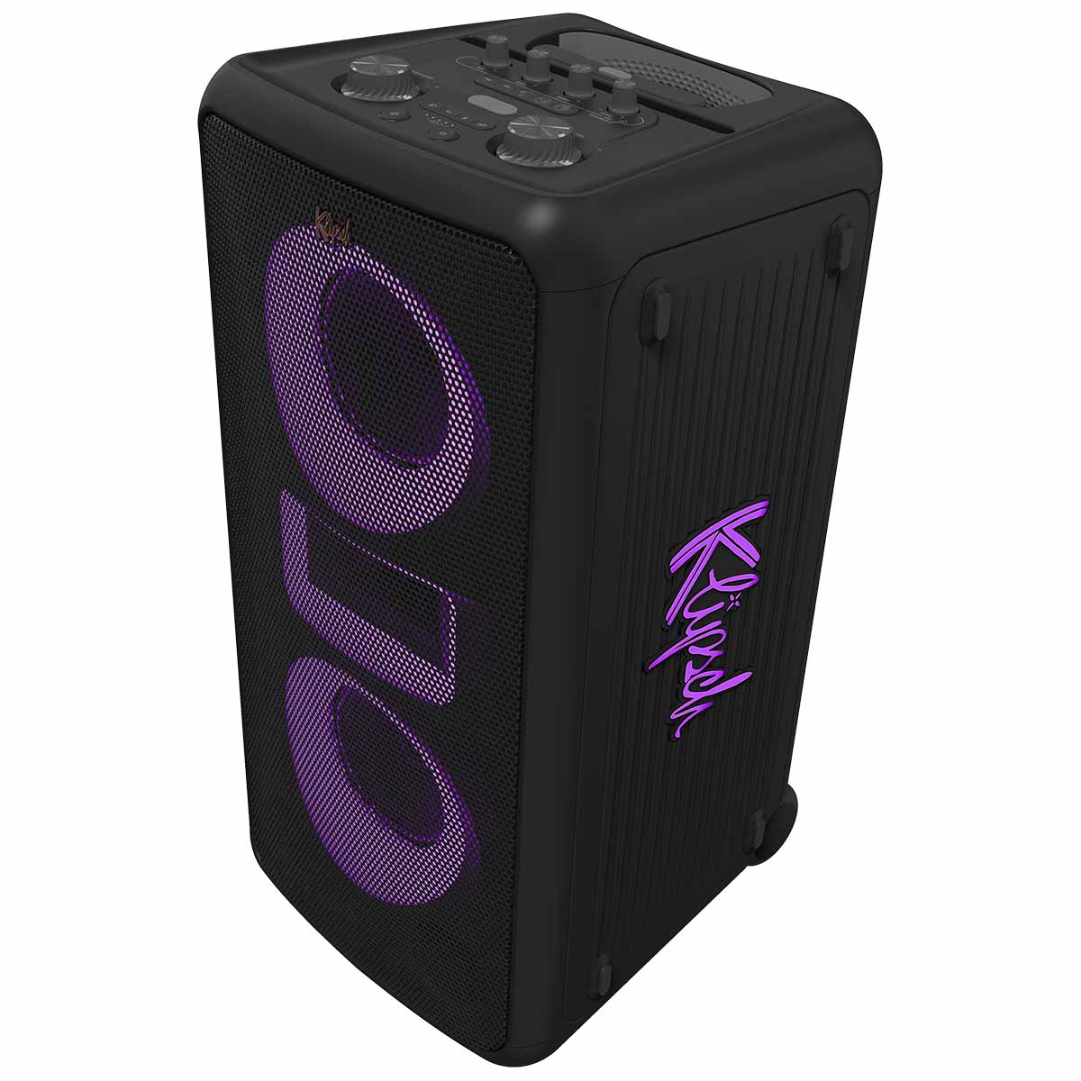 Klipsch Miami Music City Series Party Speaker - three quarter high angle view facing left with purple lights