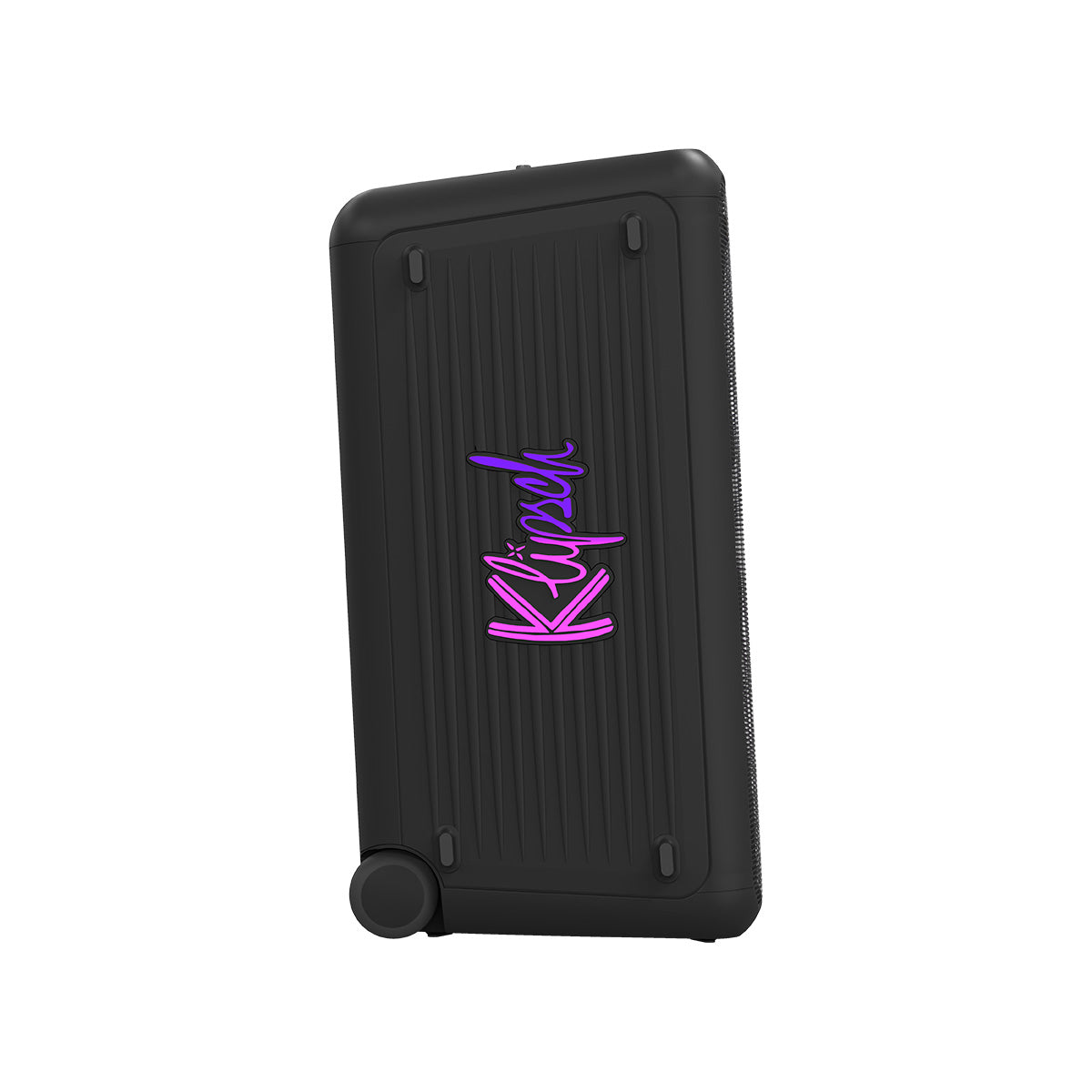 Klipsch Miami Music City Series Premium Party Speaker side view angled right showing Klipsch logo in pink and purple lights