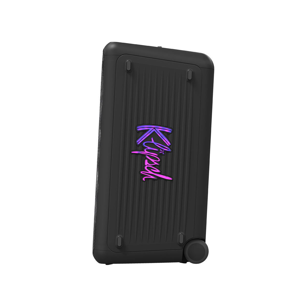 Klipsch Miami Music City Series Premium Party Speaker side view angled left showing Klipsch logo in pink and purple lights