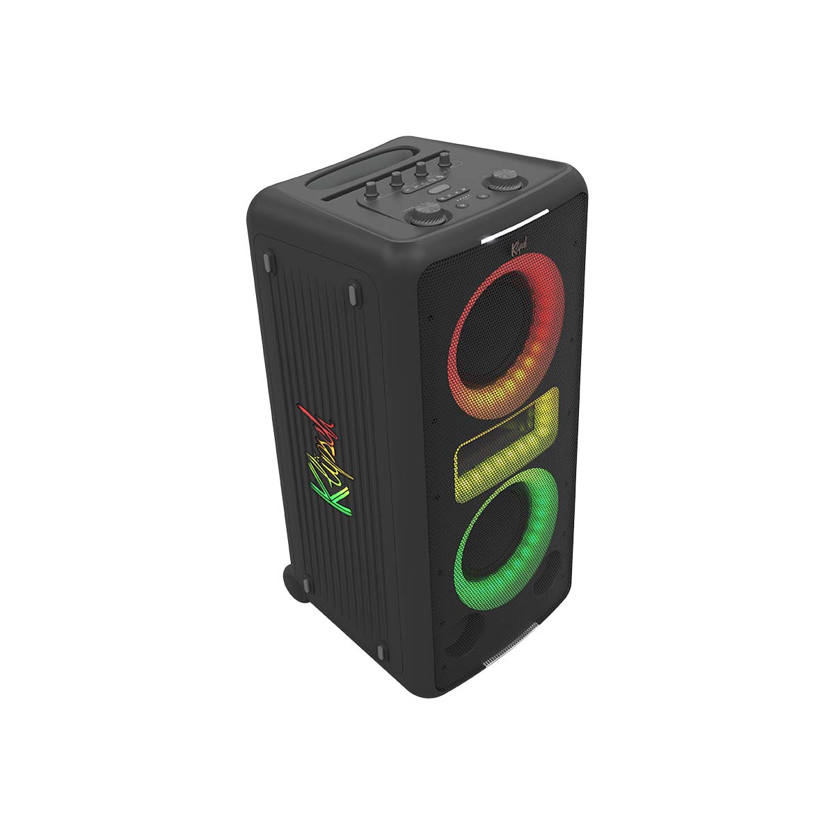 Klipsch New York Music City Series Ultimate Party Speaker front top and side view angled right with red yellow and green lights