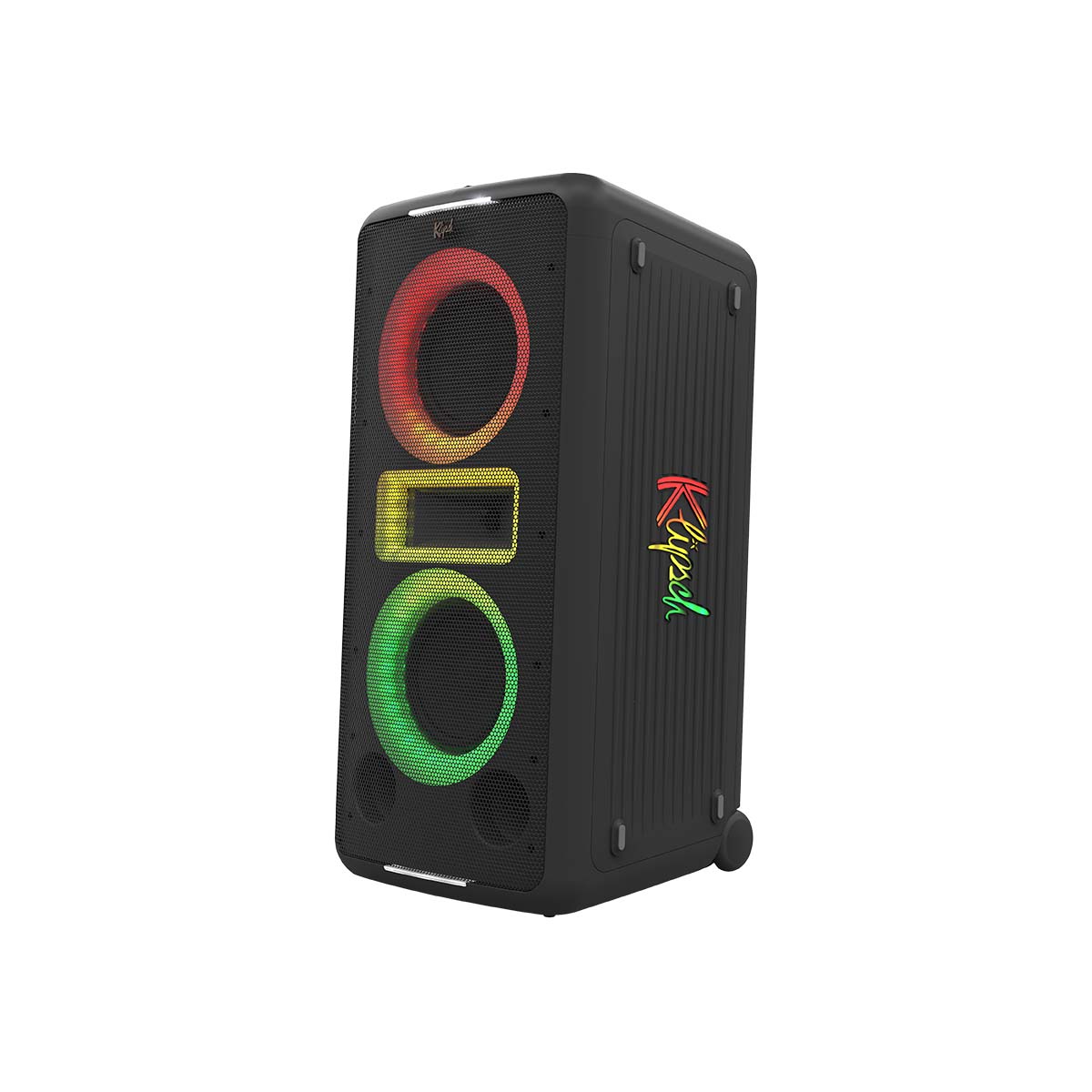 Klipsch New York Music City Series Ultimate Party Speaker front and side view angled left with red yellow and green lights