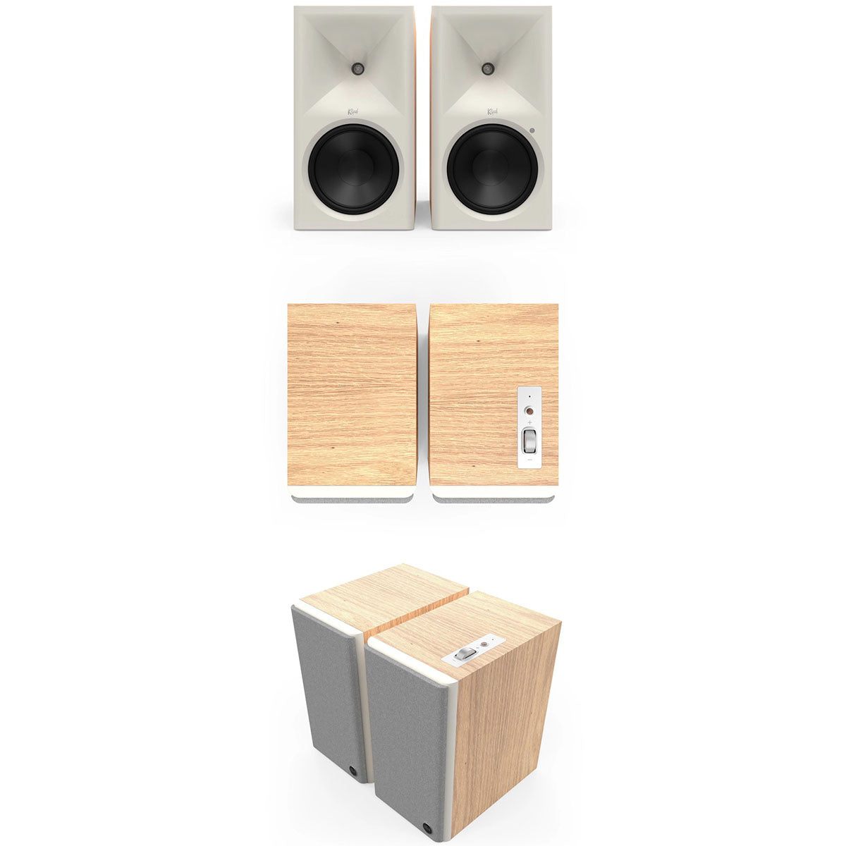 Klipsch The Nines II Dolby Atmos 8" Powered Speakers - Pair - Red Oak three pairs of speakers arranged vertically, top pair front view without grilles, middle pair top view with grilles facing bottom, bottom pair front top and side view angled left with grilles