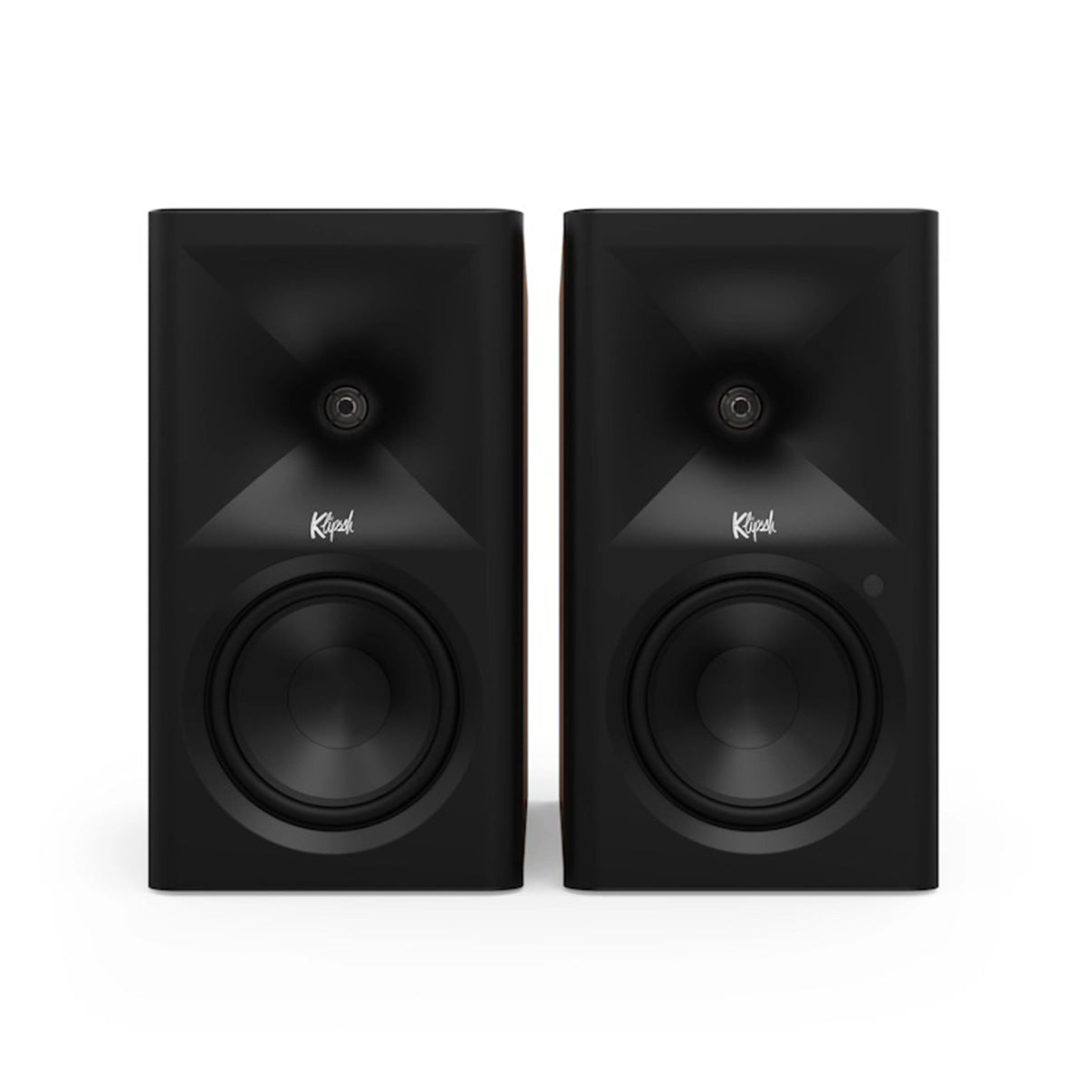 Klipsch The Fives II Dolby Atmos 5.25" Powered Speakers - Pair - Walnut front view without grille
