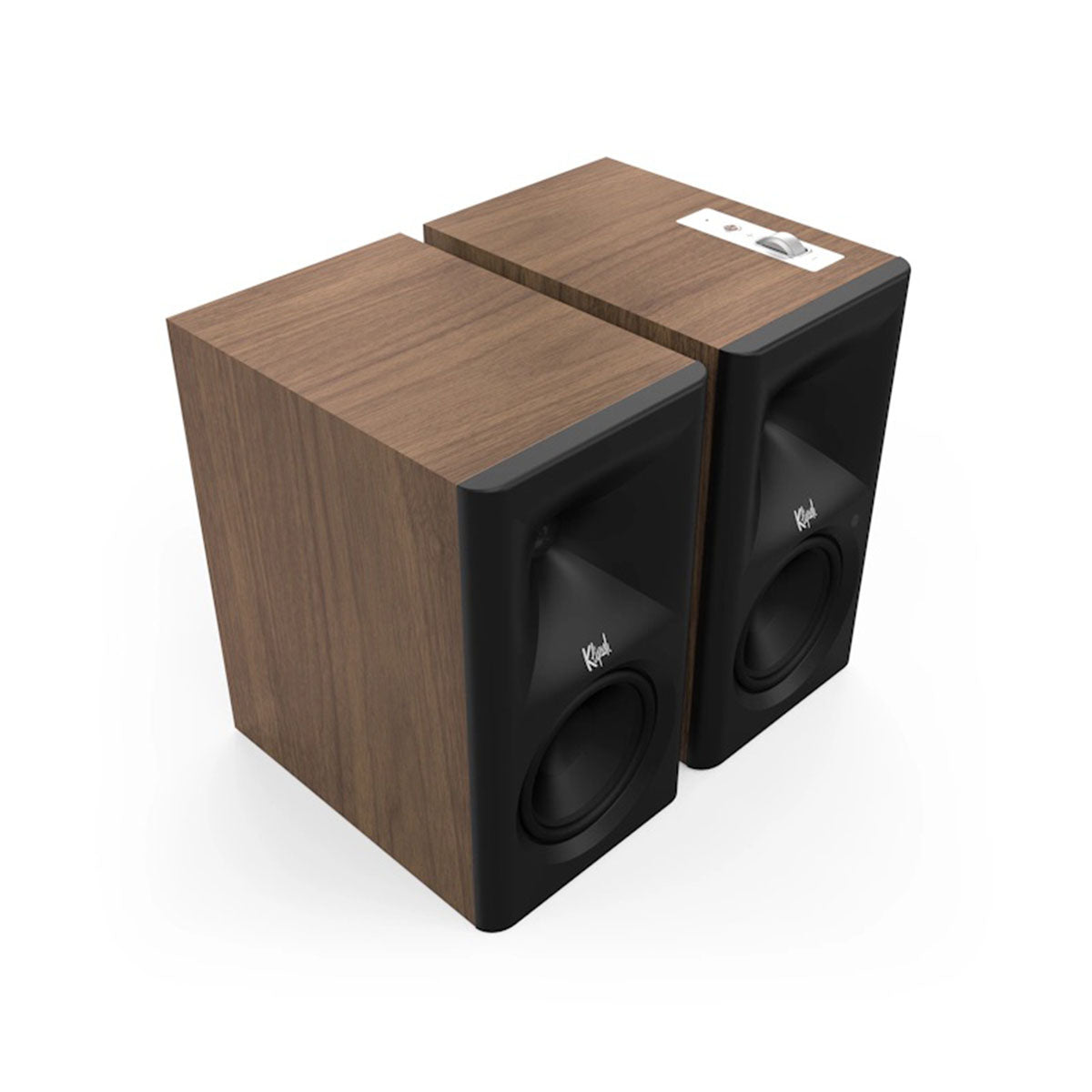 Klipsch The Fives II Dolby Atmos 5.25" Powered Speakers - Pair - Walnut front top and side view angled right without grille