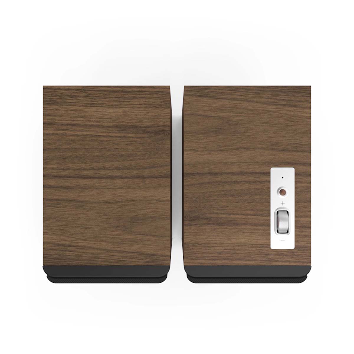 Klipsch The Fives II Dolby Atmos 5.25" Powered Speakers - Pair - Walnut top view with grilles facing bottom
