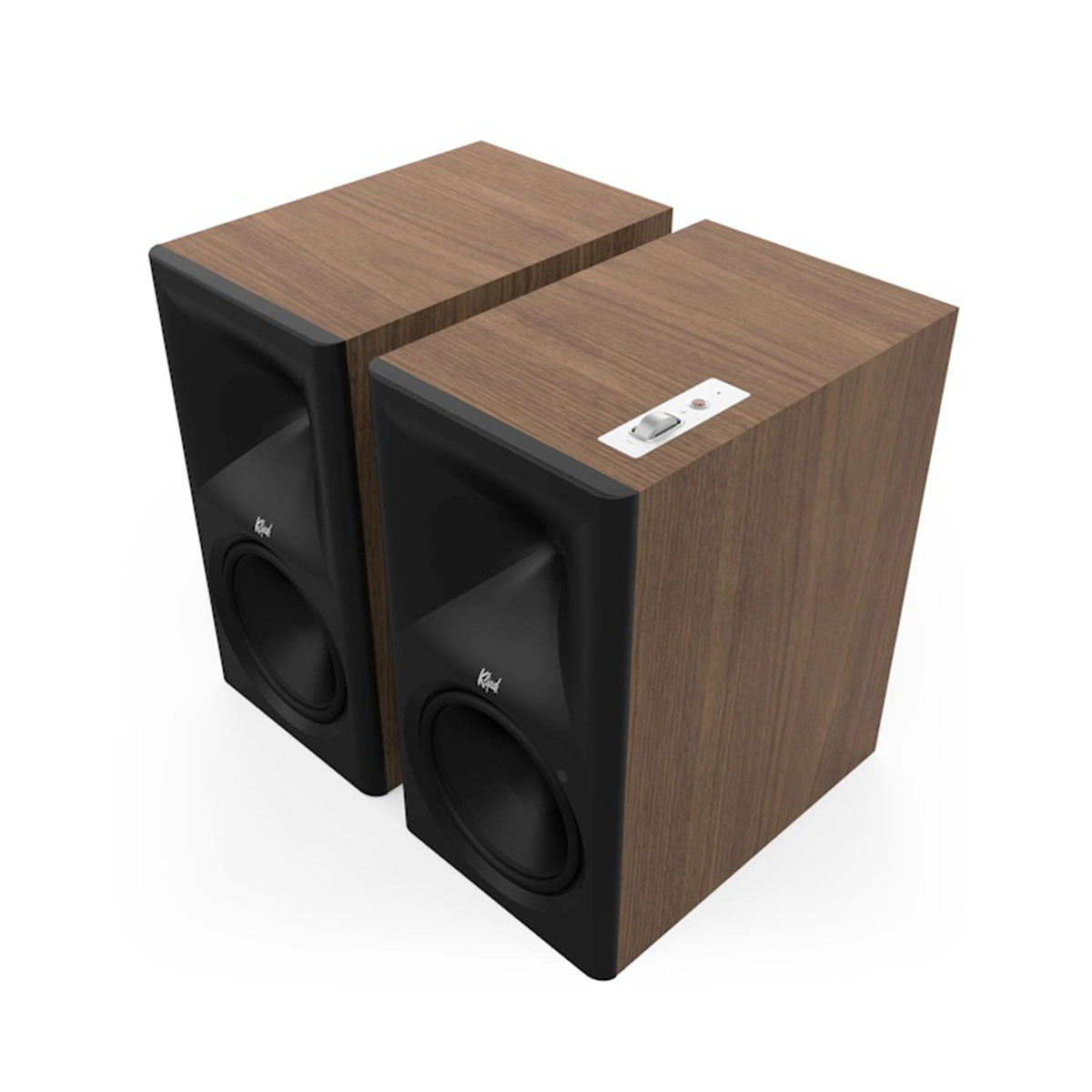 Klipsch The Nines II Dolby Atmos 8" Powered Speakers - Pair - Walnut front top and side view angled left without grilles