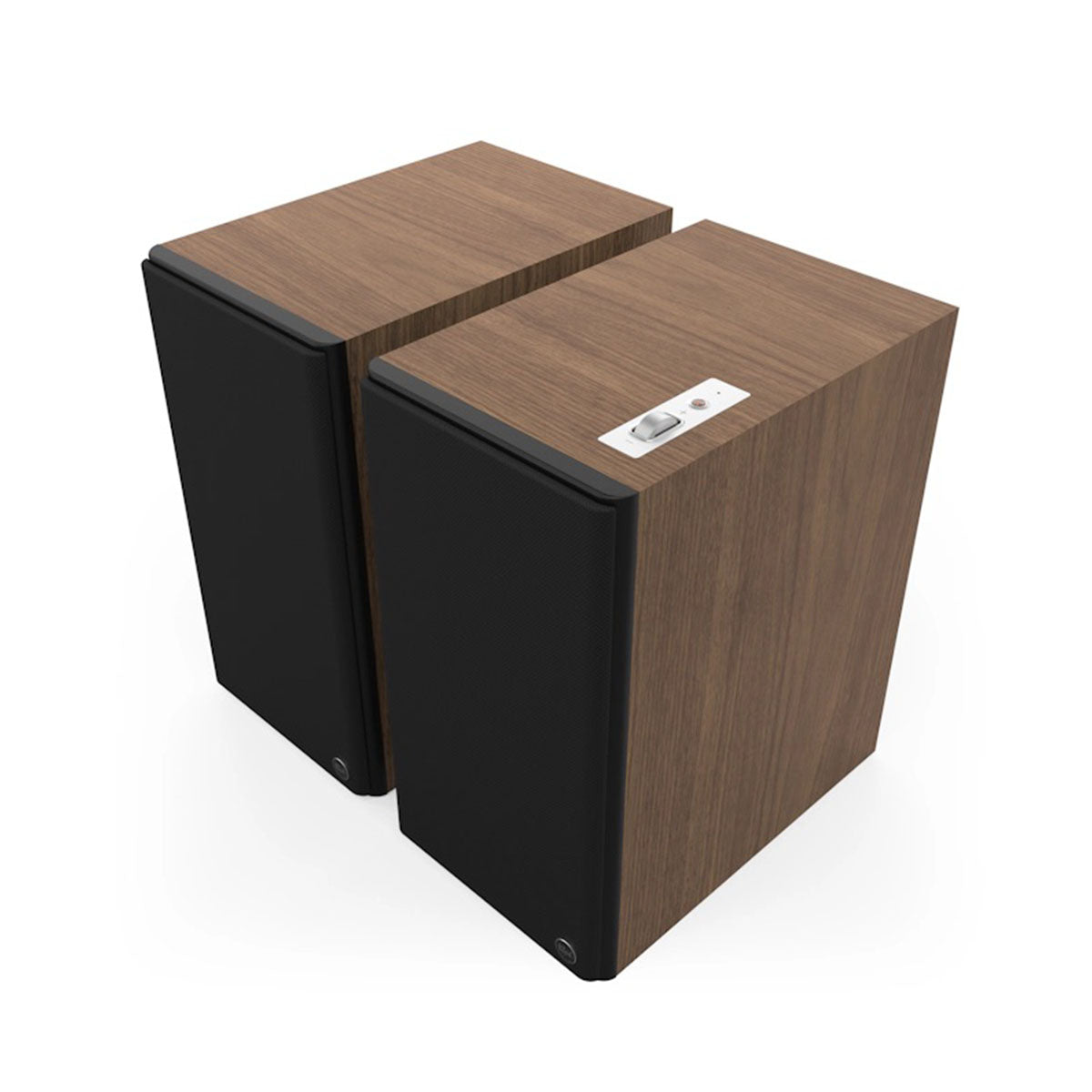 Klipsch The Nines II Dolby Atmos 8" Powered Speakers - Pair - Walnut front top and side view angled left with grilles