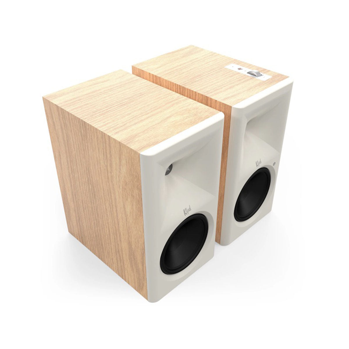 Klipsch The Sevens II Dolby Atmos 6.5" Powered Speakers - Pair - Red Oak front top and side view angled right without grilles