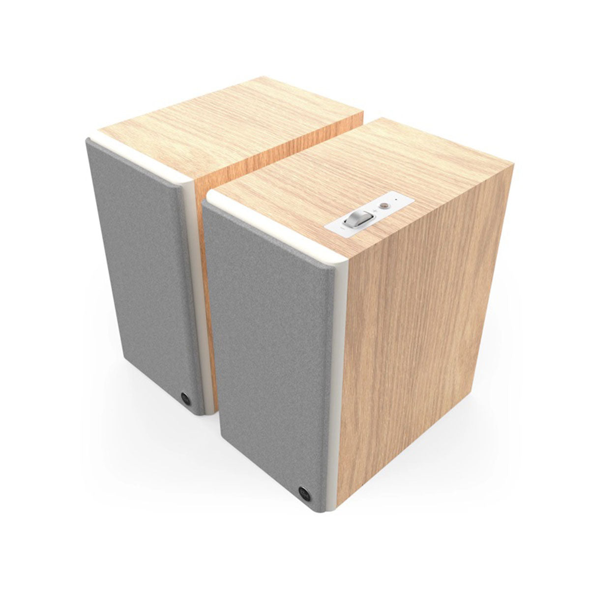 Klipsch The Sevens II Dolby Atmos 6.5" Powered Speakers - Pair - Red Oak front top and side view angled left with grilles