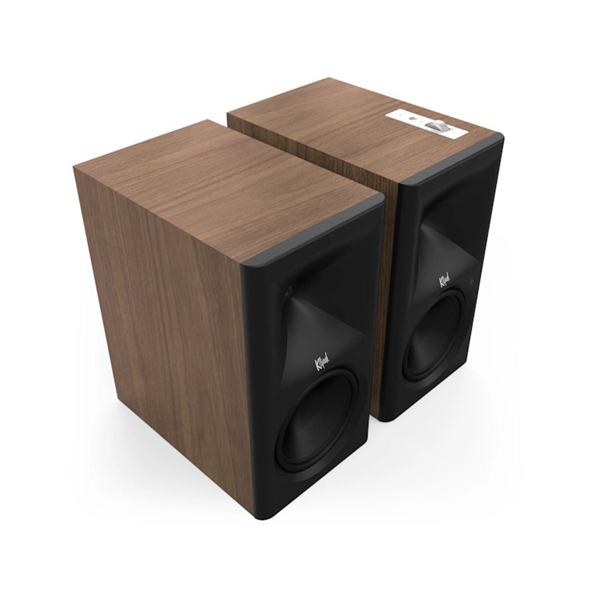 Klipsch The Sevens II Dolby Atmos 6.5" Powered Speakers - Pair - Walnut front top and side view angled right without grilles