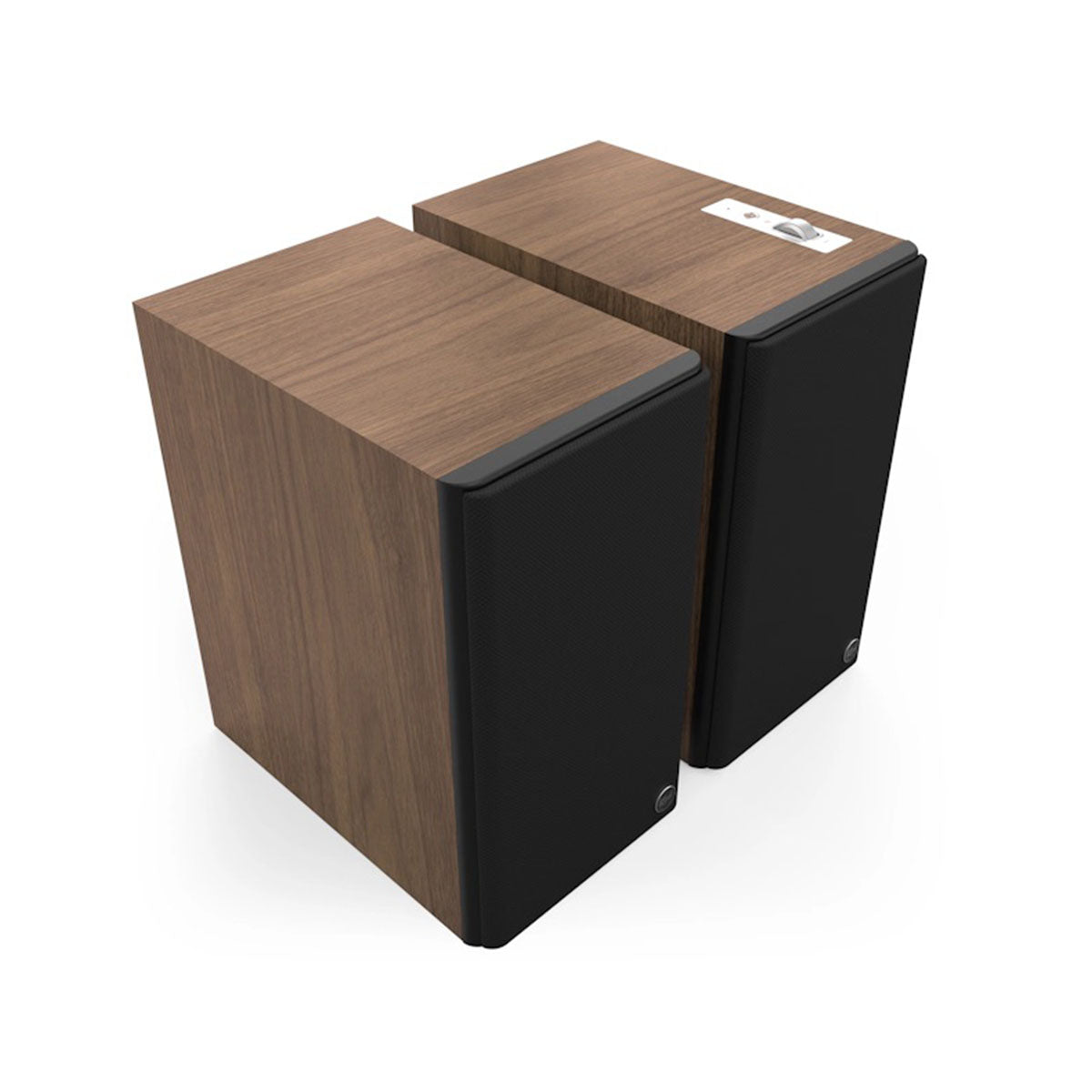 Klipsch The Sevens II Dolby Atmos 6.5" Powered Speakers - Pair - Walnut front top and side view angled right with grilles