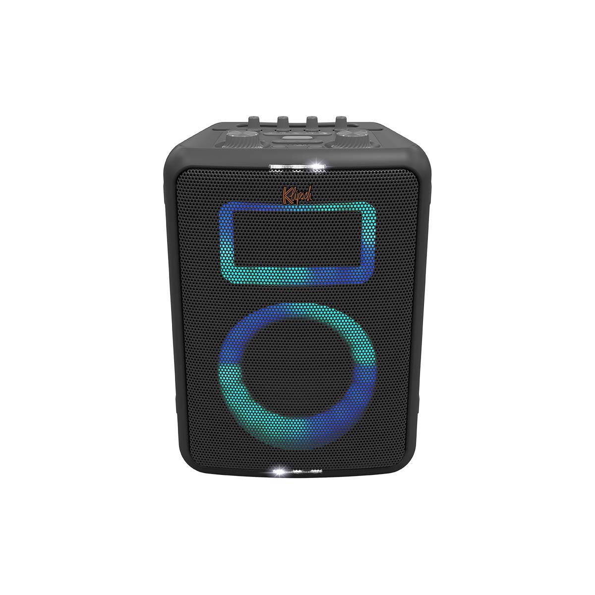 Klipsch Vegas Music City Series Compact Premium Party Speaker front and top view with blue and teal lights