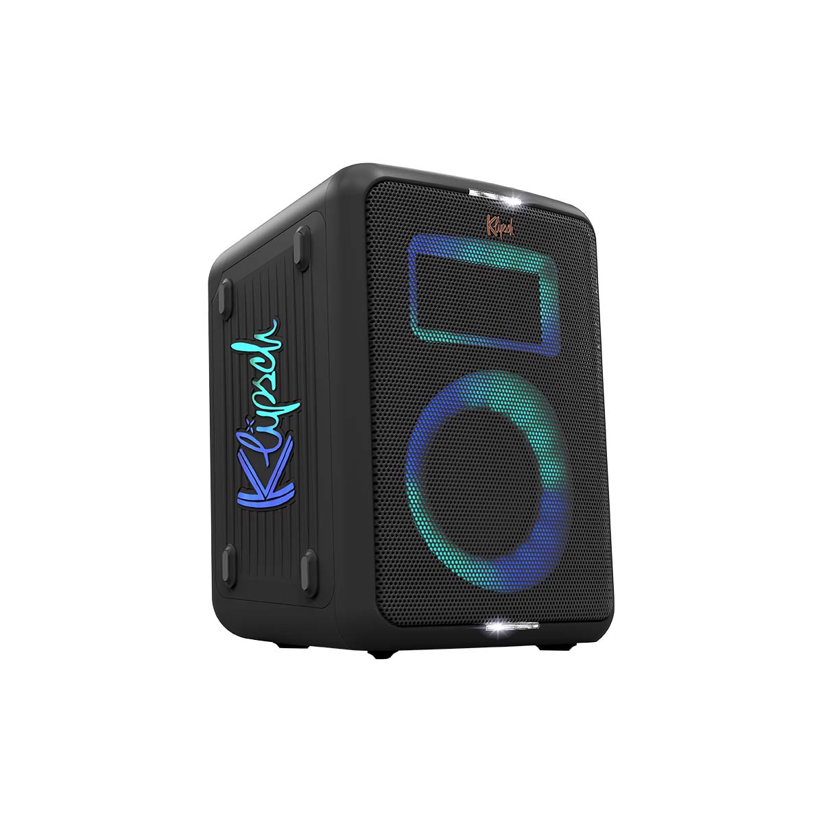 Klipsch Vegas Music City Series Compact Premium Party Speaker front and side view angled right with blue and teal lights