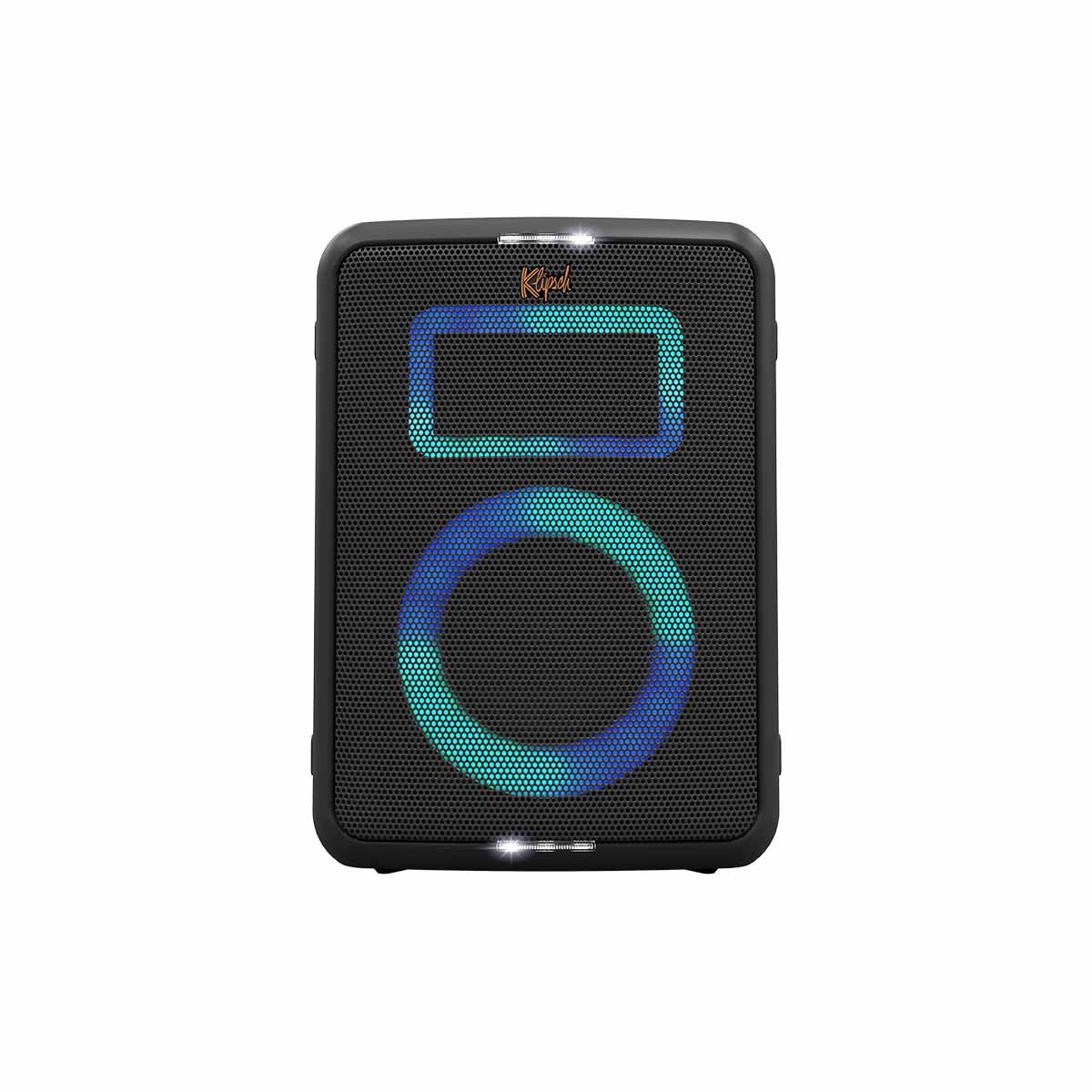 Klipsch Vegas Music City Series Compact Premium Party Speaker front view with blue and teal lights