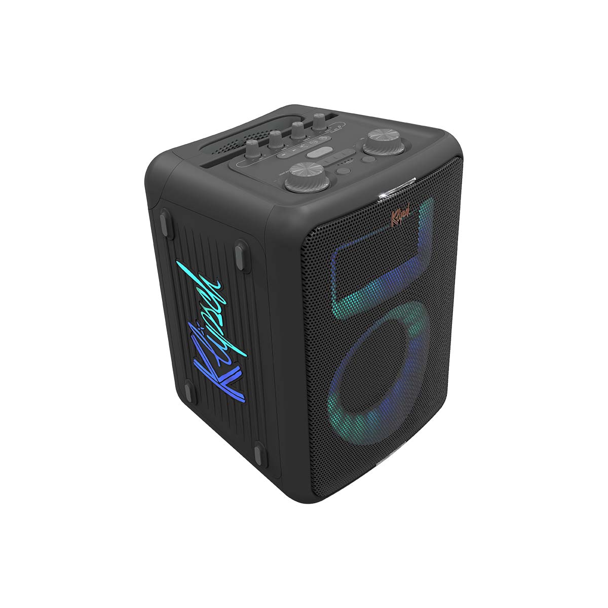 Klipsch Vegas Music City Series Compact Premium Party Speaker front top and side view angled right with blue and teal lights