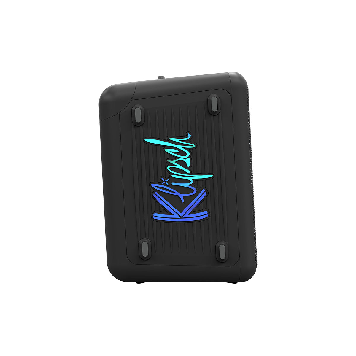 Klipsch Vegas Music City Series Compact Premium Party Speaker side view facing right showing Klipsch logo in blue and teal lights