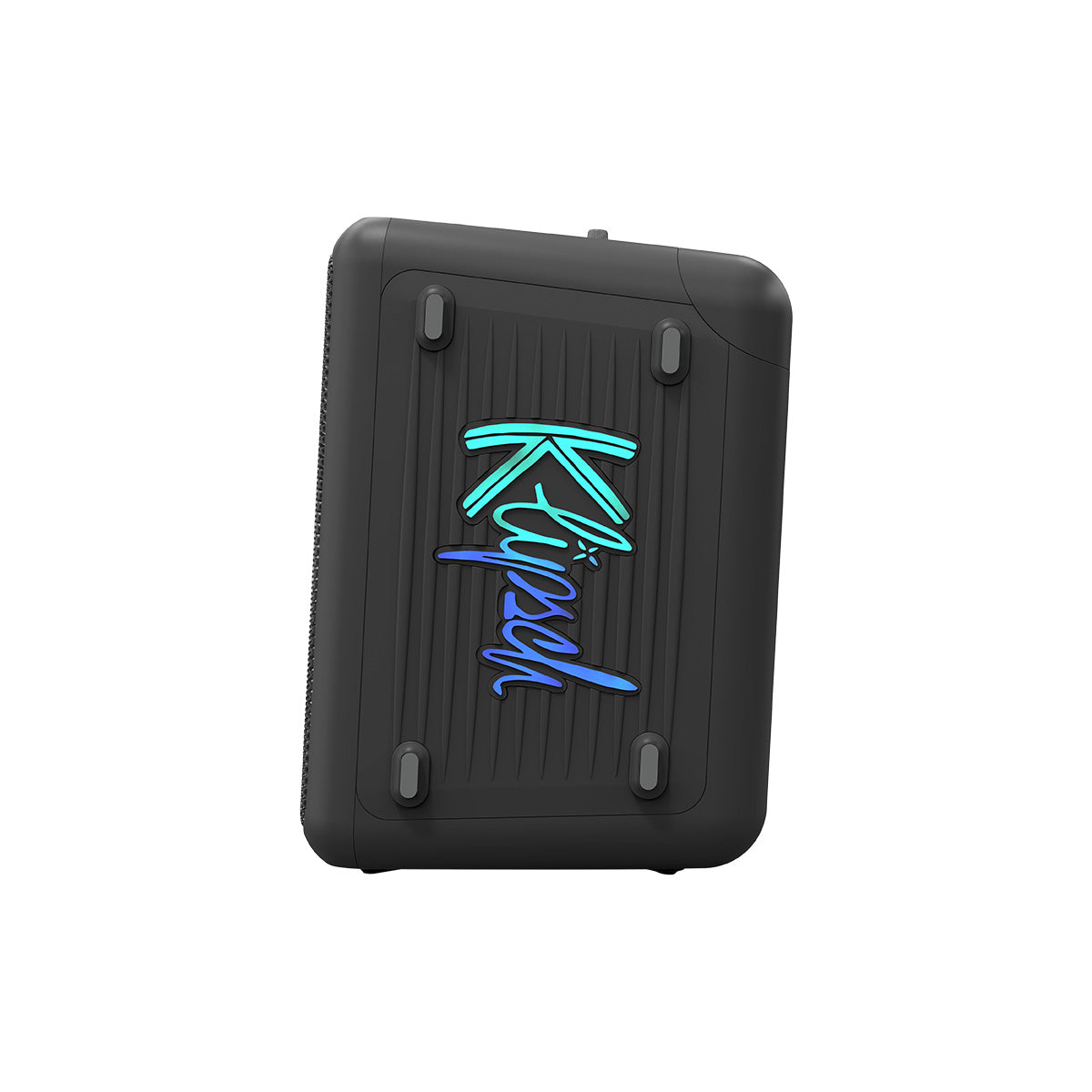 Klipsch Vegas Music City Series Compact Premium Party Speaker side view facing left showing Klipsch logo in blue and teal lights
