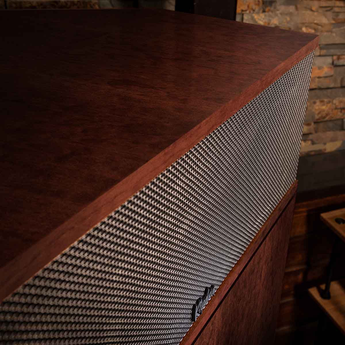 Klipsch Klipschorn AK7 3-Way Fully Horn-Loaded Loudspeaker - American Auburn - lifestyle shot detail of front grille