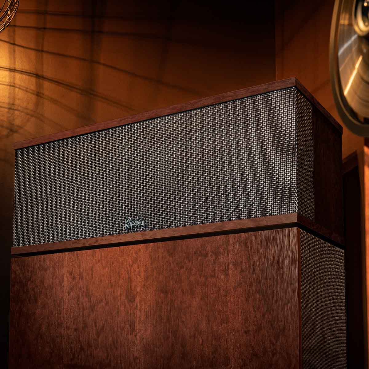 Klipsch Klipschorn AK7 3-Way Fully Horn-Loaded Loudspeaker - American Auburn - lifestyle shot close up of front grille