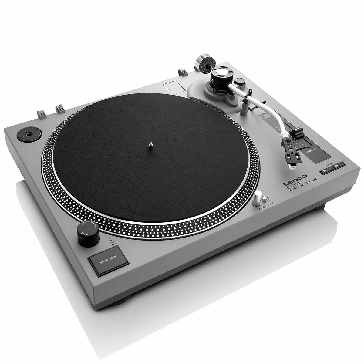 Lenco L-3810 Direct-Drive Turntable w/ Pinch Control - Grey high angle front view angled right with no dustcover