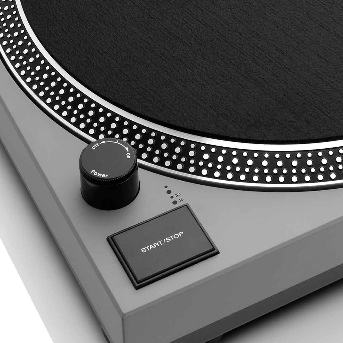 Lenco L-3810 Direct-Drive Turntable w/ Pinch Control - Grey high angle front view angled right closeup front left unit showing start/stop button and power knob