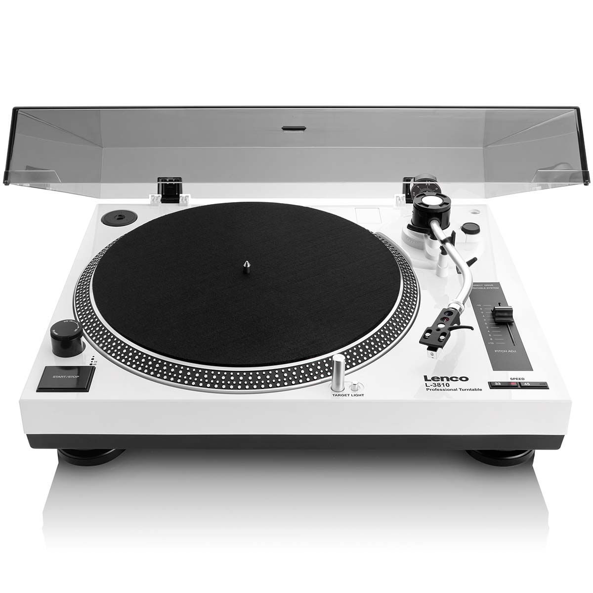 Lenco L-3810 Direct-Drive Turntable w/ Pinch Control - White high angle front view with open dustcover