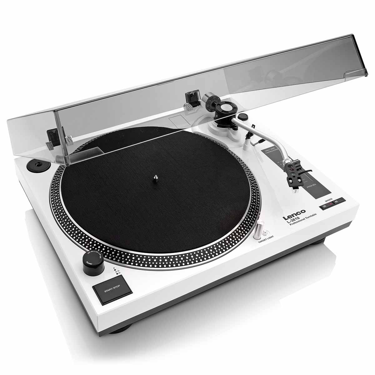 Lenco L-3810 Direct-Drive Turntable w/ Pinch Control - White high angle front view angled right with open dustcover