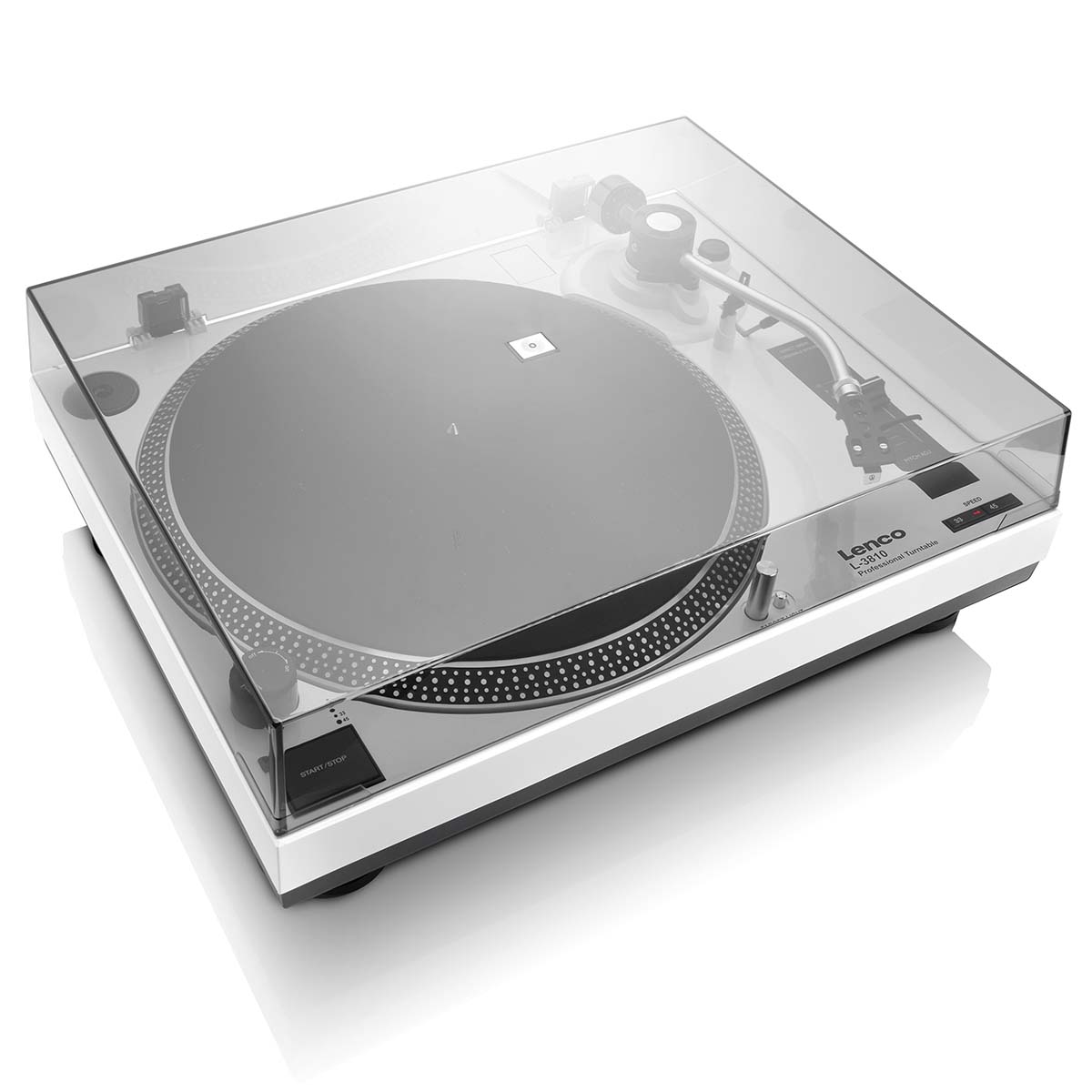 Lenco L-3810 Direct-Drive Turntable w/ Pinch Control - White high angle front view angled right with open dustcover