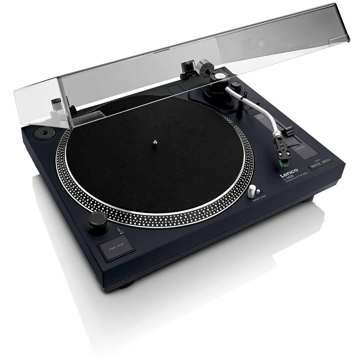 Lenco L-3828 Direct Drive Turntable high angle front view angled right with open dustcover