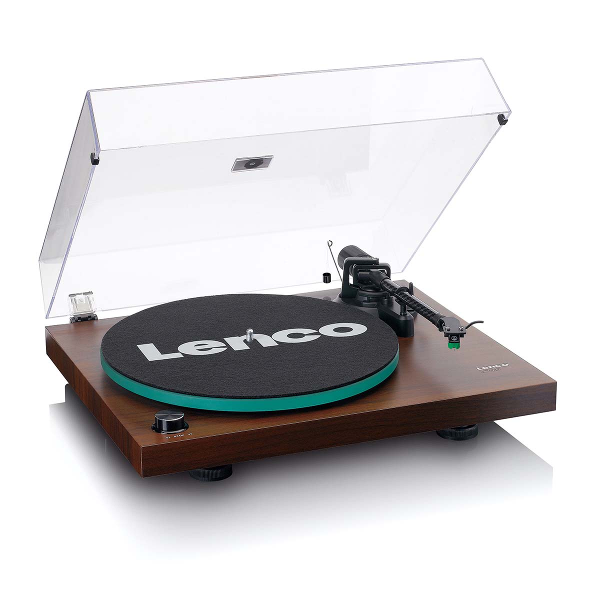 Lenco LBT-225 Bluetooth Turntable w/ Glass Platter and AT-VM95E Cartridge high angle front view angled right with felt mat on platter and open dustcover