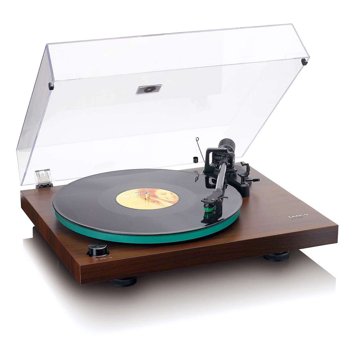 Lenco LBT-225 Bluetooth Turntable w/ Glass Platter and AT-VM95E Cartridge high angle front view angled right with record on platter tonearm engaged and open dustcover