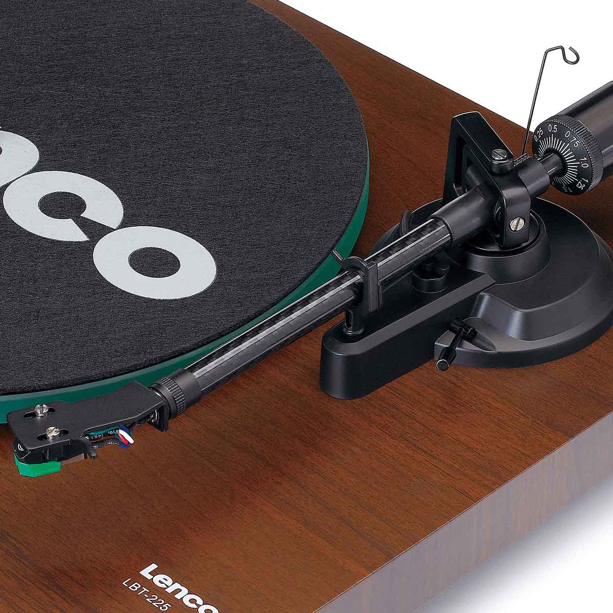 Lenco LBT-225 Bluetooth Turntable w/ Glass Platter and AT-VM95E Cartridge high angle close up of right side of unit focusing on tonearm no dustcover and felt mat on platter