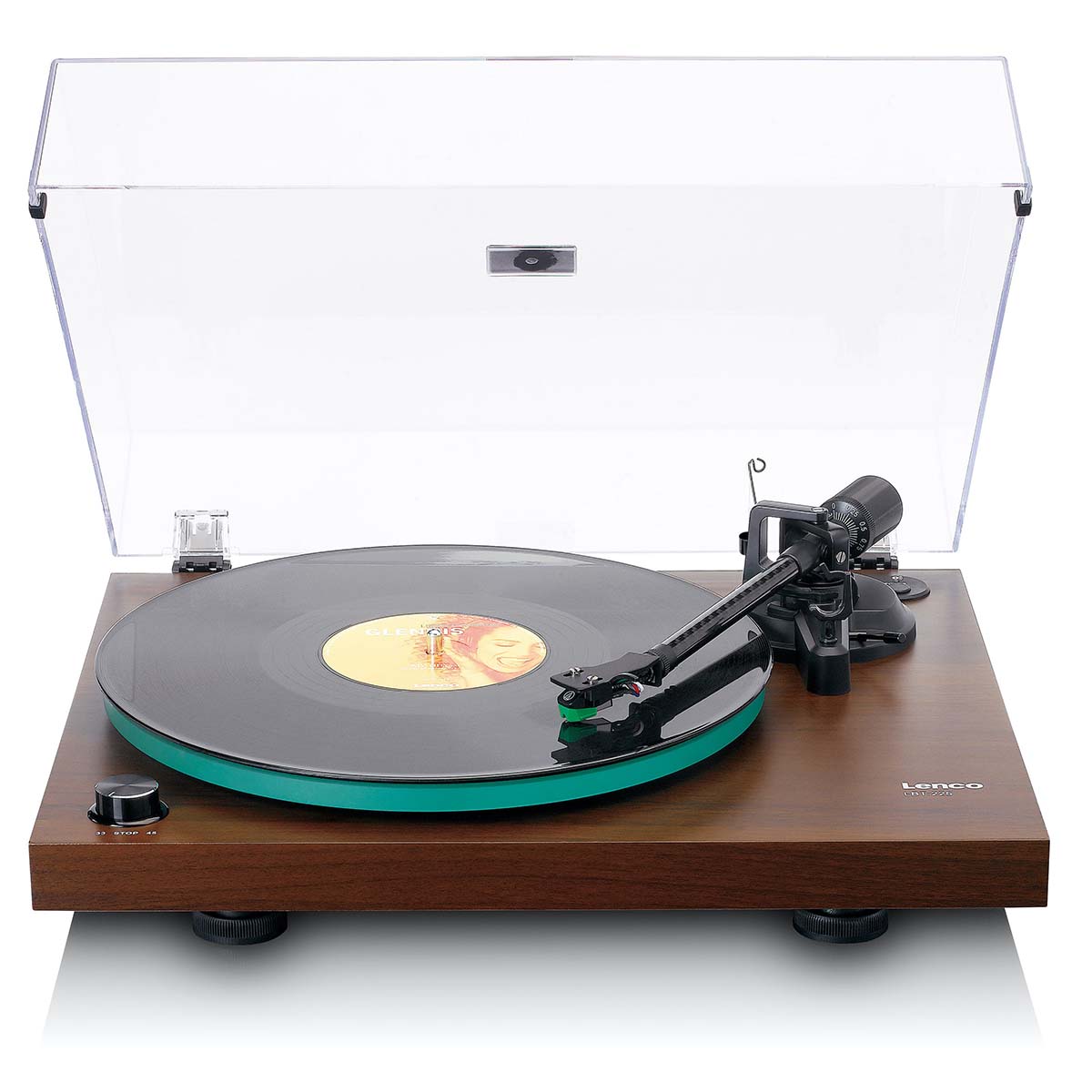 Lenco LBT-225 Bluetooth Turntable w/ Glass Platter and AT-VM95E Cartridge high angle front view with record on platter tonearm engaged and open dustcover