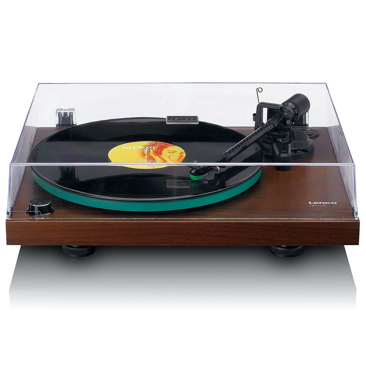 Lenco LBT-225 Bluetooth Turntable w/ Glass Platter and AT-VM95E Cartridge high angle front view with record on platter tonearm engaged and closed dustcover