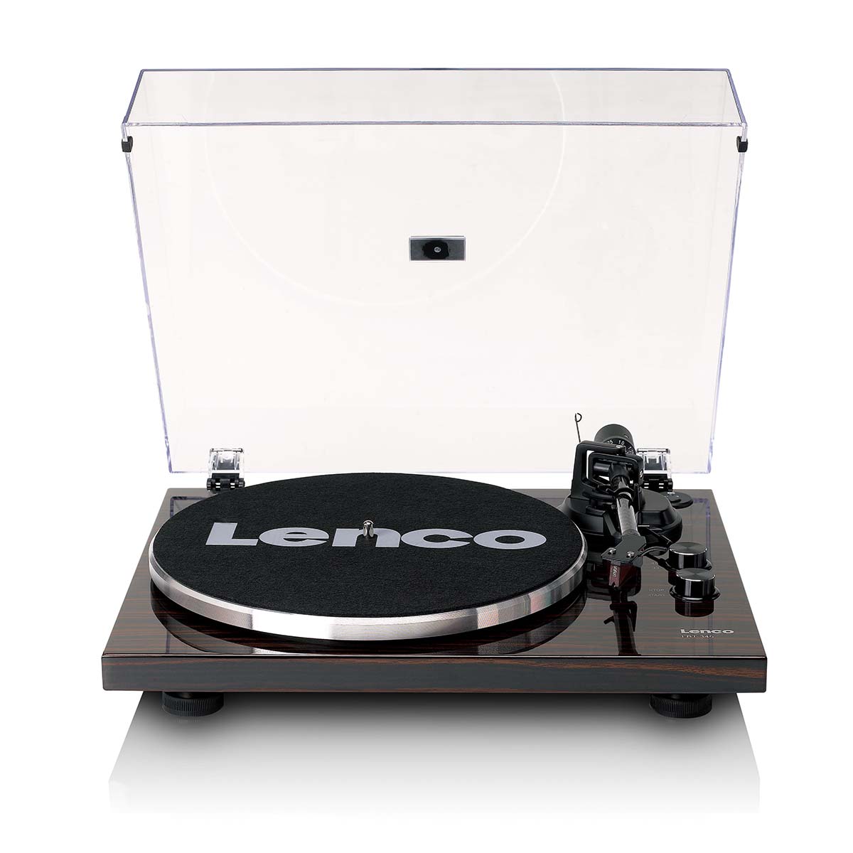 Lenco LBT-345 Bluetooth Turntable w/ Ortofon 2M Red front view angled down with open dustcover and felt mat on platter