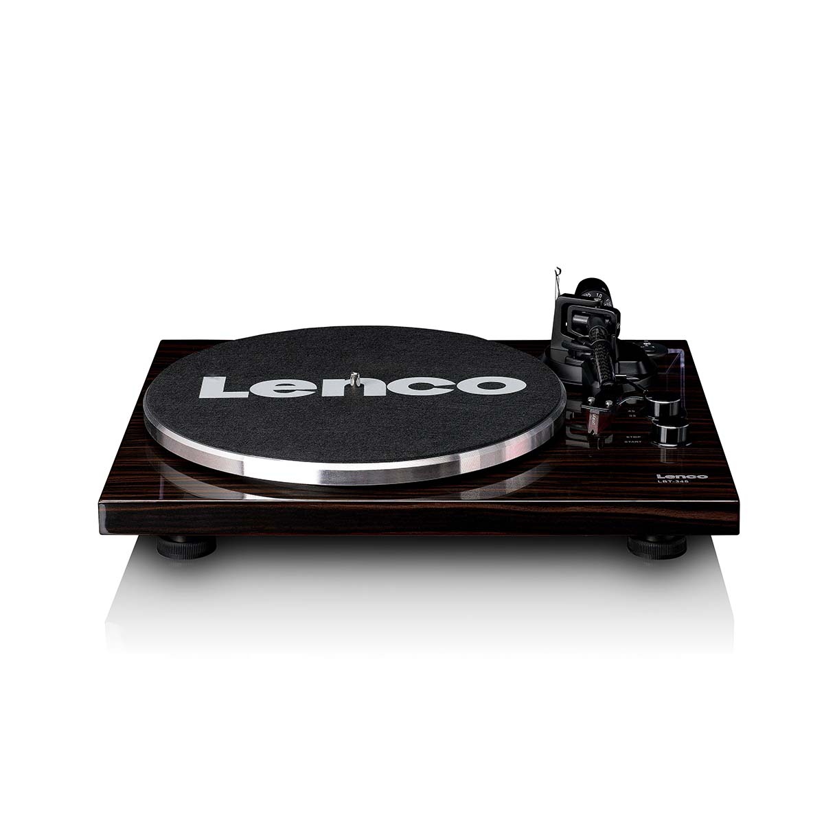 Lenco LBT-345 Bluetooth Turntable w/ Ortofon 2M Red front view angled down with no dustcover and felt mat on platter