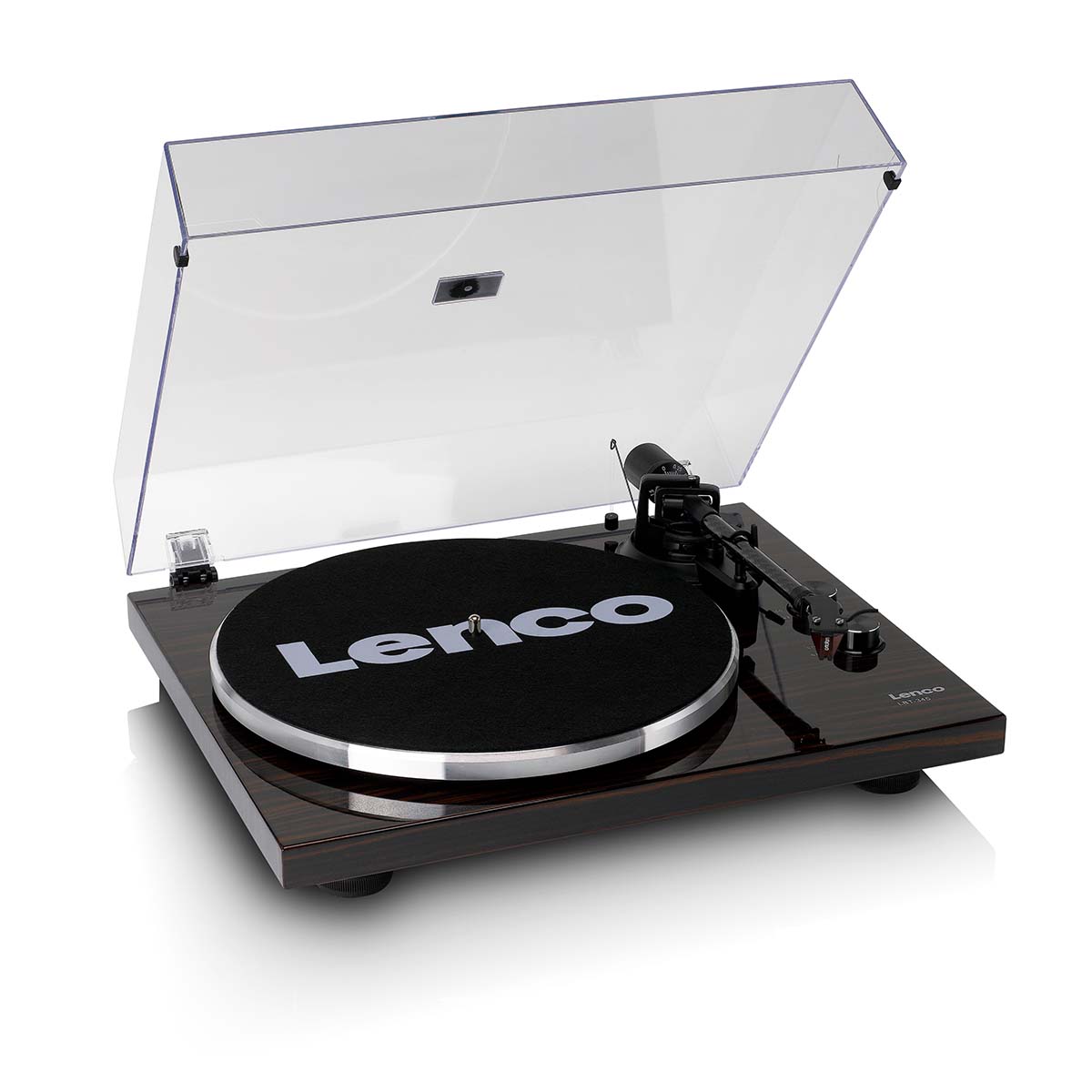 Lenco LBT-345 Bluetooth Turntable w/ Ortofon 2M Red front view angled down and right with open dustcover and felt mat on platter