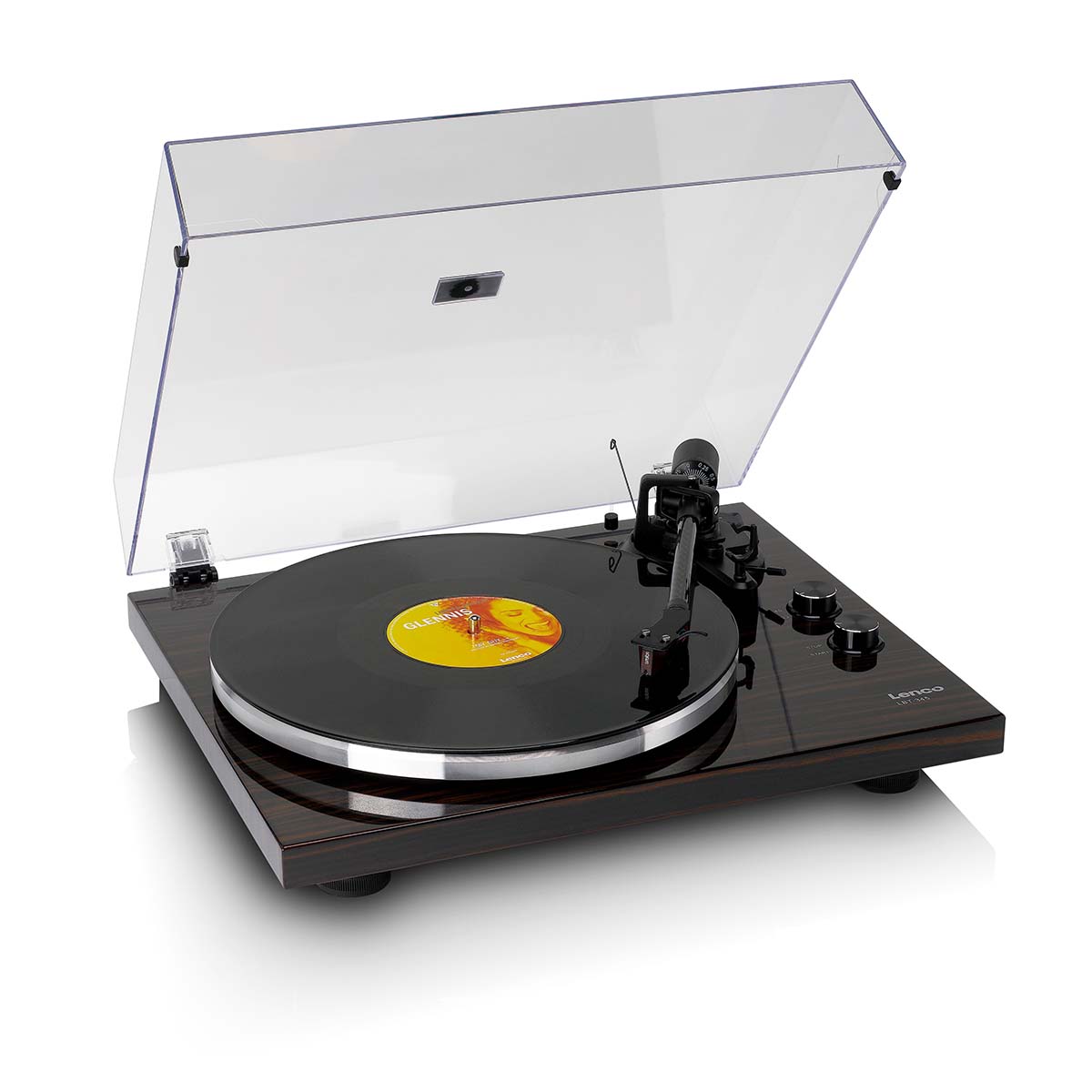 Lenco LBT-345 Bluetooth Turntable w/ Ortofon 2M Red front view angled down and right with open dustcover and record on platter with tonearm engaged