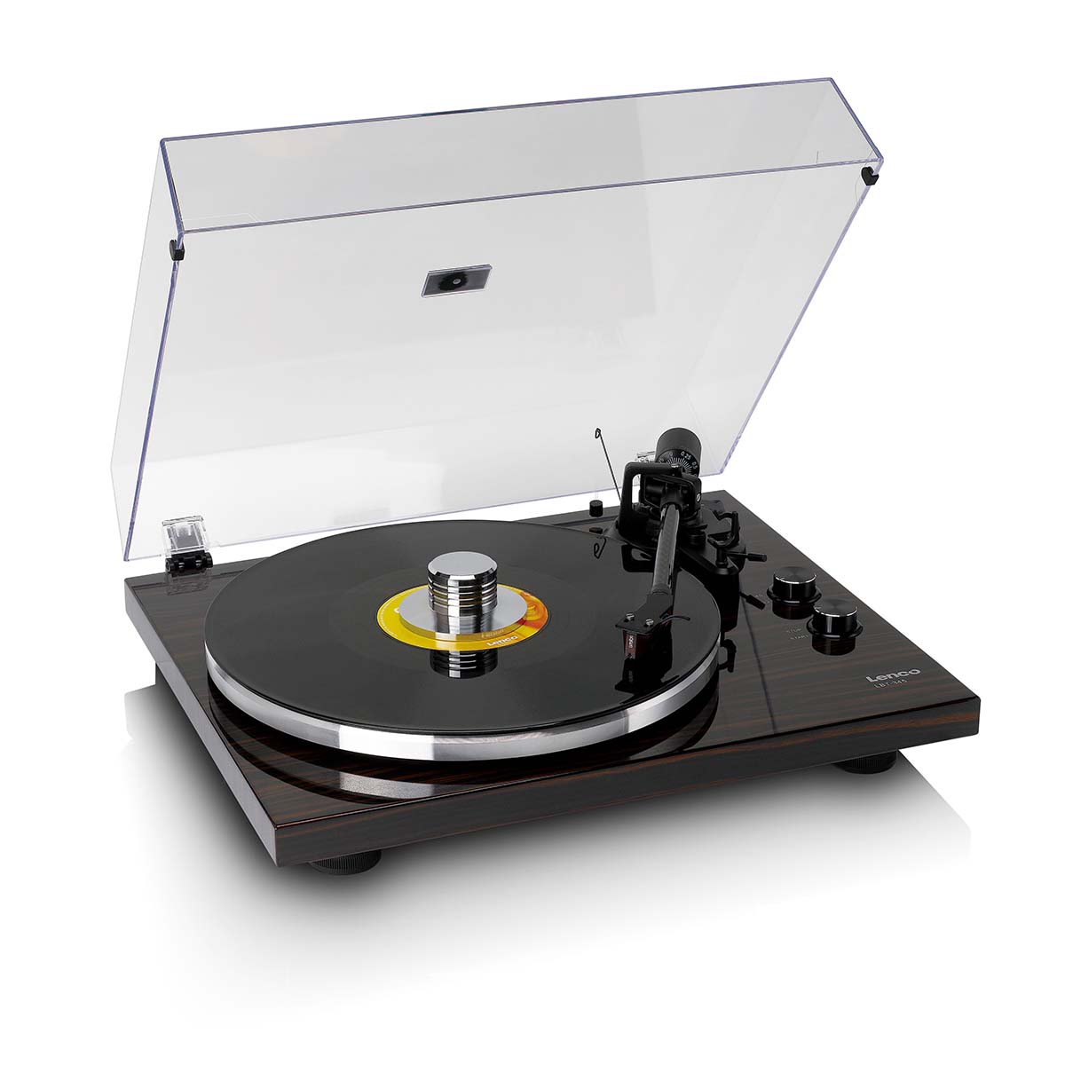 Lenco LBT-345 Bluetooth Turntable w/ Ortofon 2M Red front view angled down and right with open dustcover and record on platter with record weight and tonearm engaged