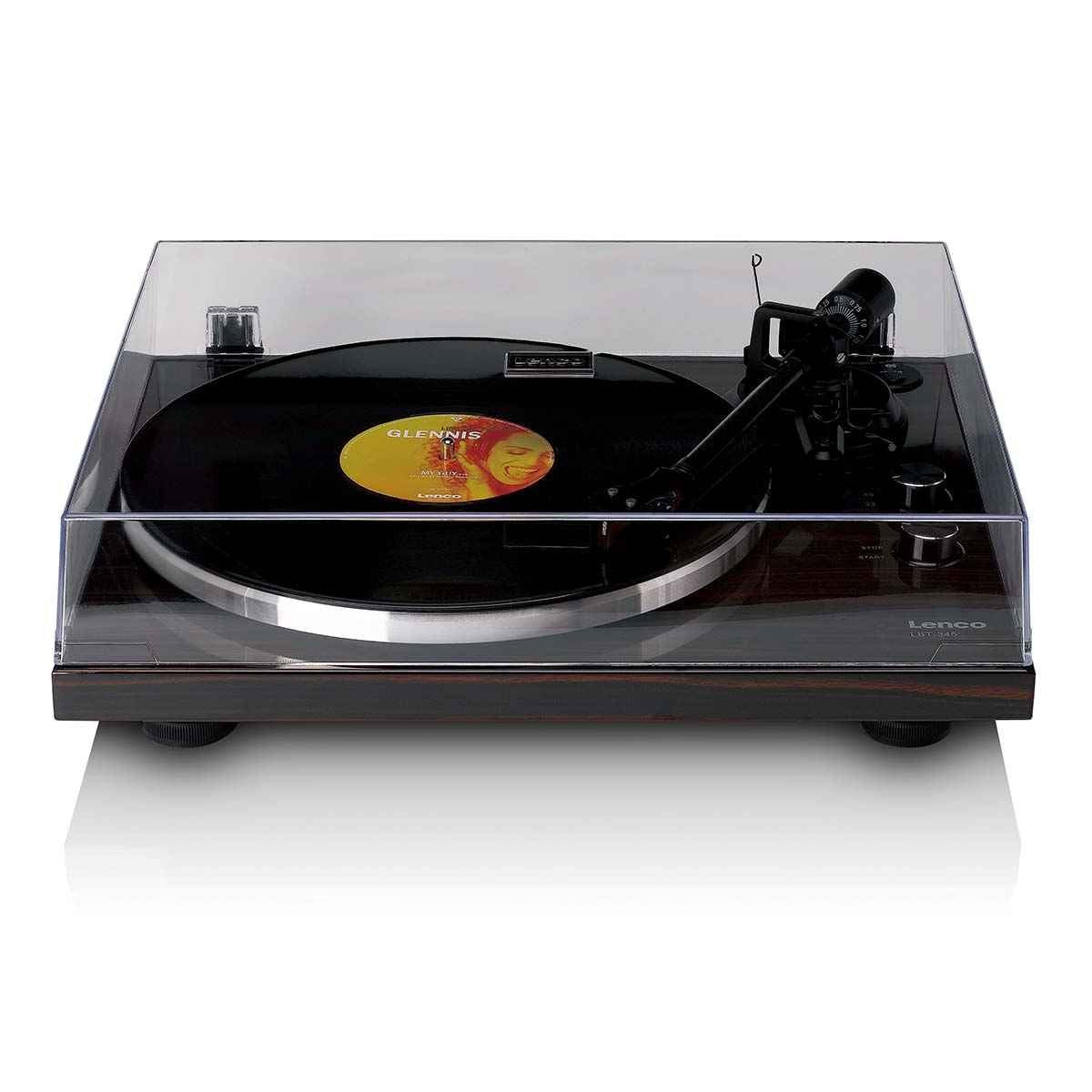 Lenco LBT-345 Bluetooth Turntable w/ Ortofon 2M Red front view angled down with closed dustcover and record on platter with tonearm engaged