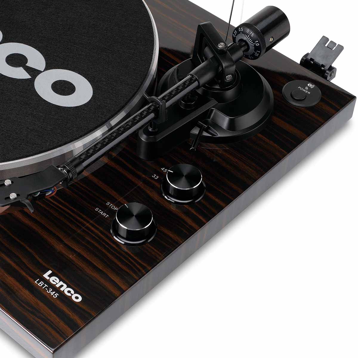 Lenco LBT-345 Bluetooth Turntable w/ Ortofon 2M Red close-up of right side tonearm and controls angled down and left with no dustcover and felt mat on platter