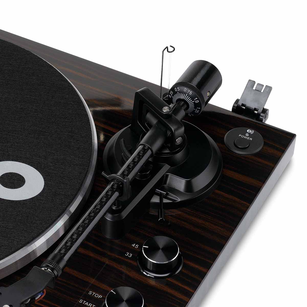 Lenco LBT-345 Bluetooth Turntable w/ Ortofon 2M Red close-up of right side tonearm and controls angled down and left with no dustcover and felt mat on platter