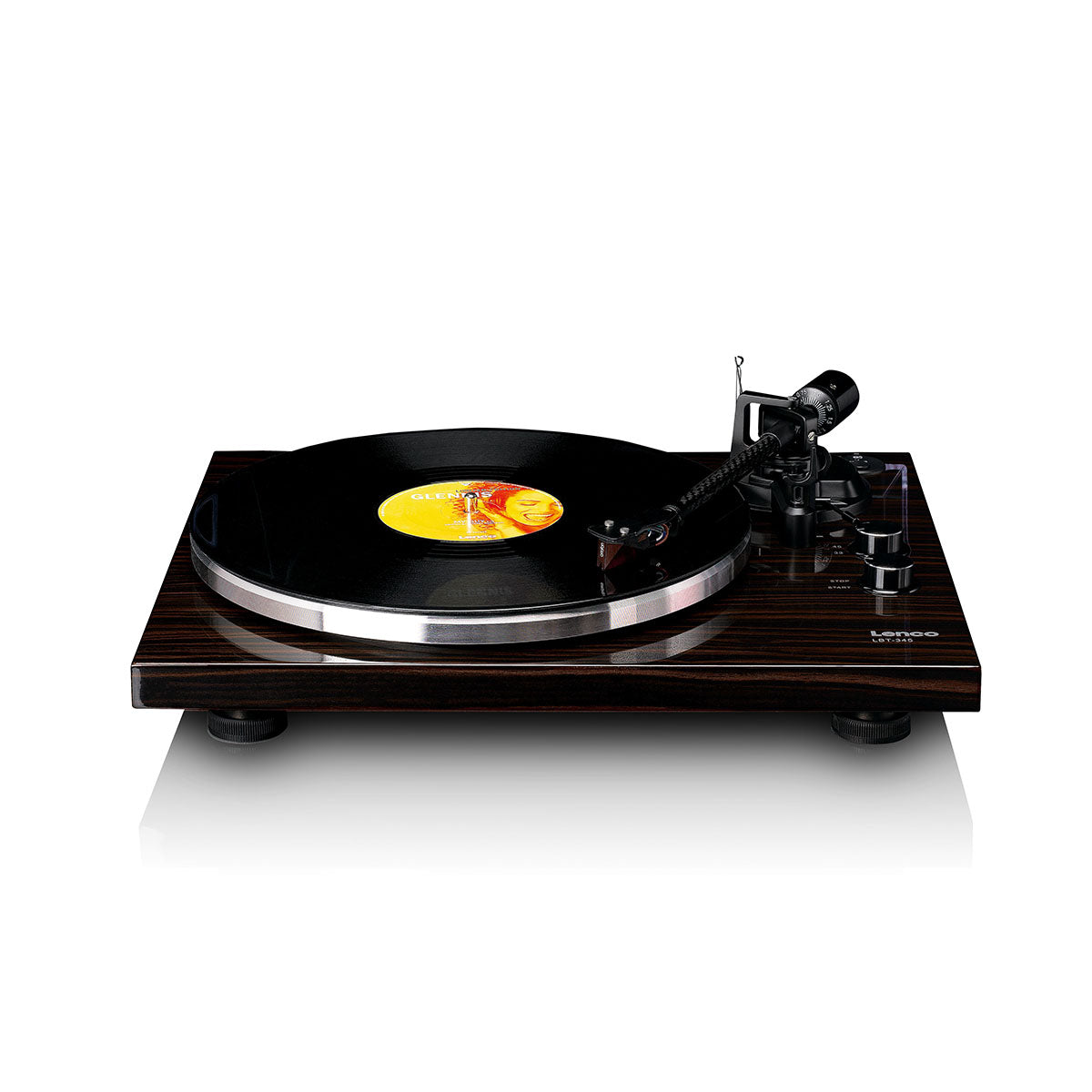 Lenco LBT-345 Bluetooth Turntable w/ Ortofon 2M Red front view angled down with no dustcover and record on platter with tonearm engaged