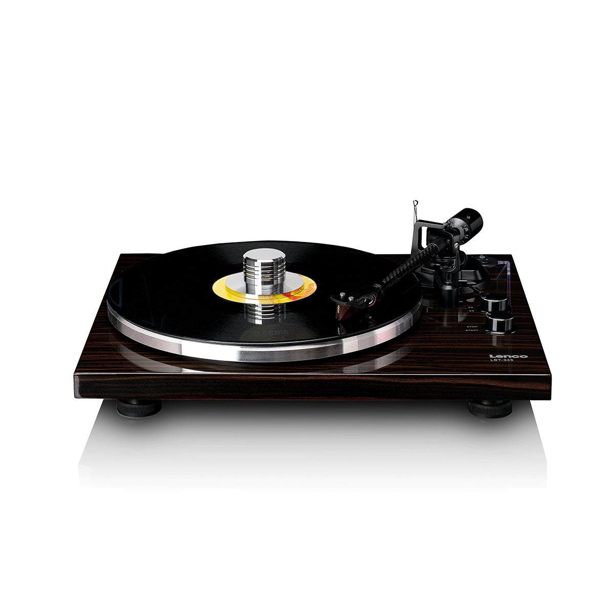 Lenco LBT-345 Bluetooth Turntable w/ Ortofon 2M Red front view angled down with no dustcover and record on platter with record weight and tonearm engaged