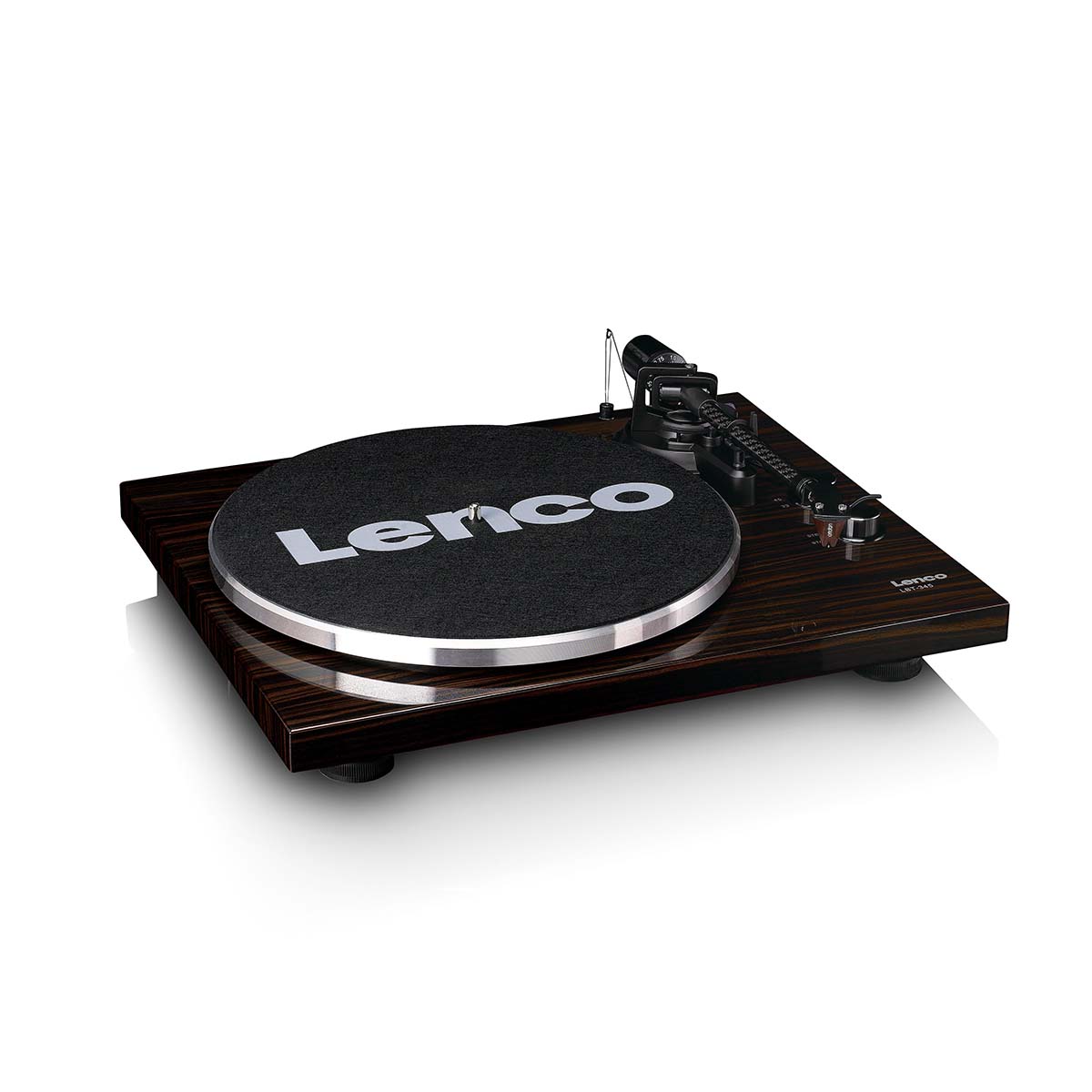 Lenco LBT-345 Bluetooth Turntable w/ Ortofon 2M Red front view angled down and right with no dustcover and felt mat on platter