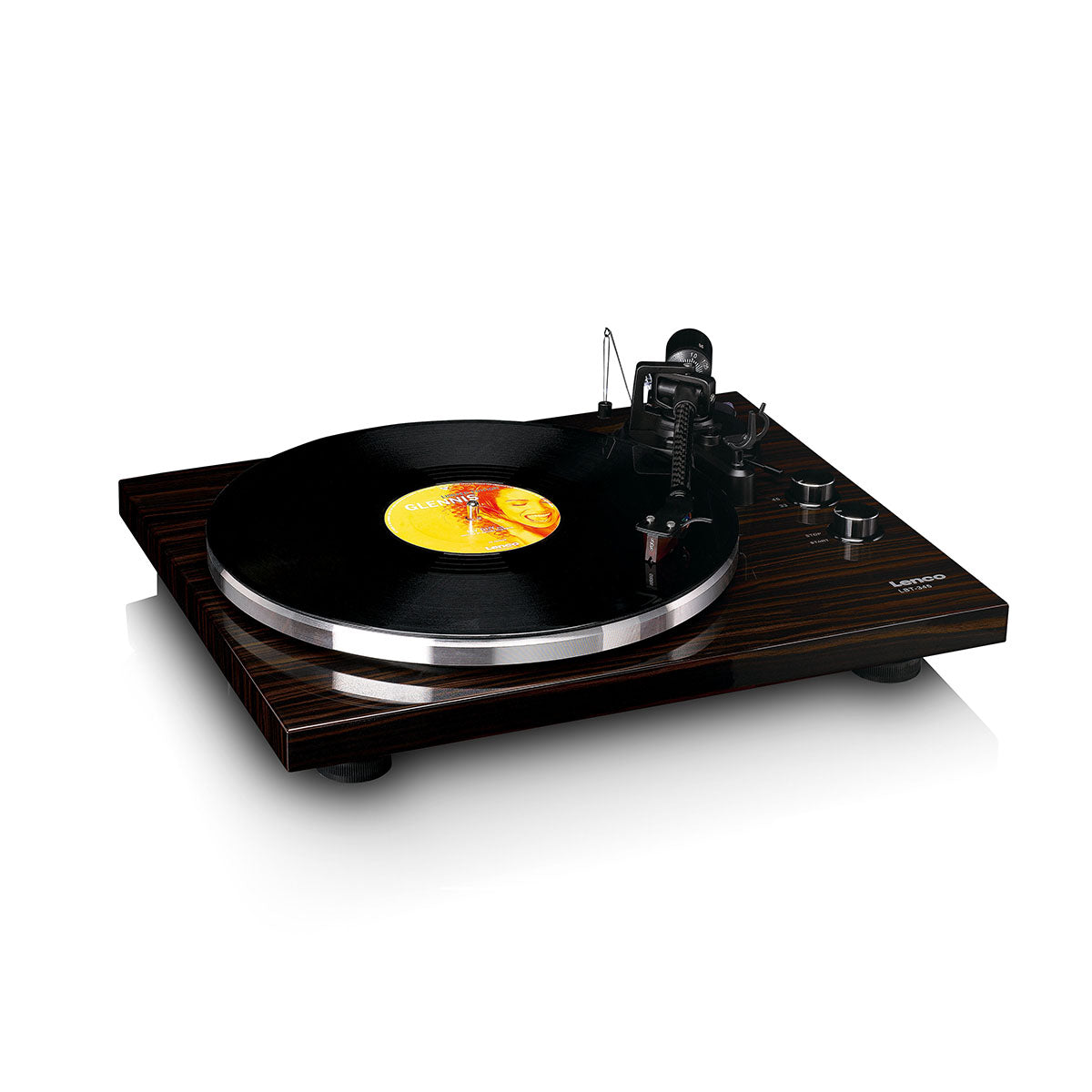 Lenco LBT-345 Bluetooth Turntable w/ Ortofon 2M Red front view angled down and right with no dustcover and record on platter with tonearm engaged