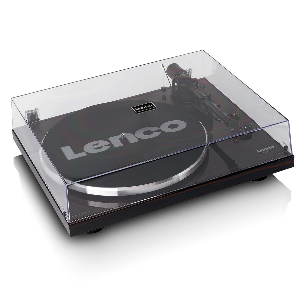 Lenco LBT-345 Bluetooth Turntable w/ Ortofon 2M Red front view angled down and right with closed dustcover and felt mat on platter